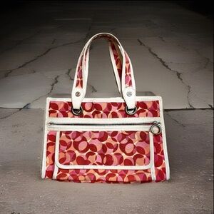 RARE Vintage Celine Canvas Leather White Red Bubbles Circles Tote Hand Bag